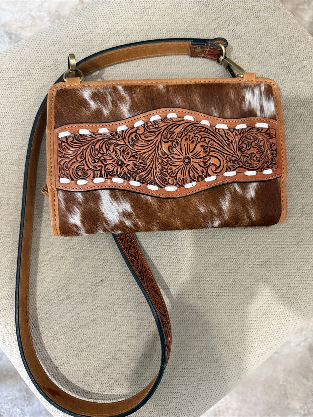 Tooled Leather & Haircalf Crossbody Bag in Brown and White